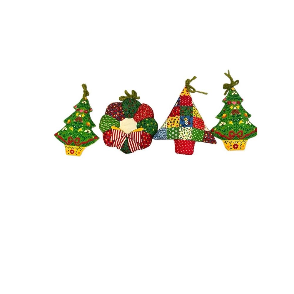 Vintage Set of 4 Patchwork 70s Stuffed Handmade Kitchy Christmas‎ Ornamants